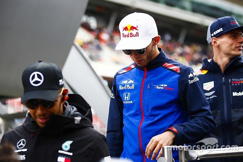 Lewis Hamilton, Mercedes AMG F1, Pierre Gasly, Toro Rosso, and Max Verstappen, Red Bull Racing, in the drivers parade