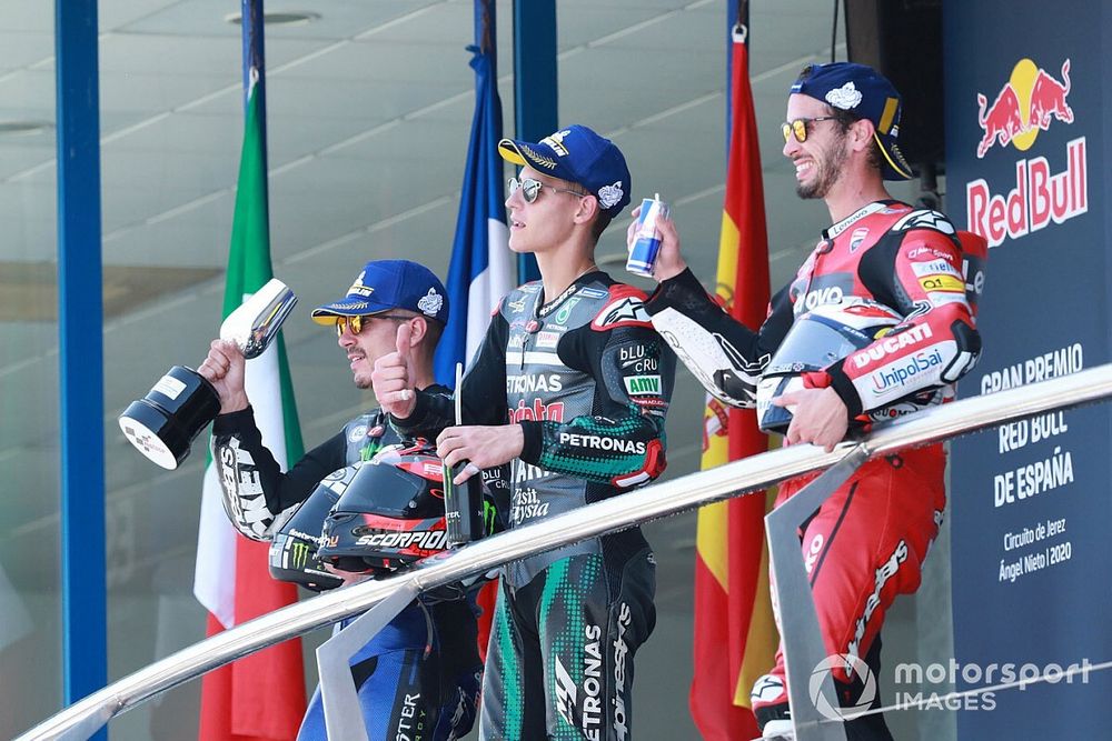 Podio: ganador de la carrera Fabio Quartararo, Petronas Yamaha SRT, segundo lugar Maverick Viñales, Yamaha Factory Racing, tercer lugar Andrea Dovizioso, Ducati Team