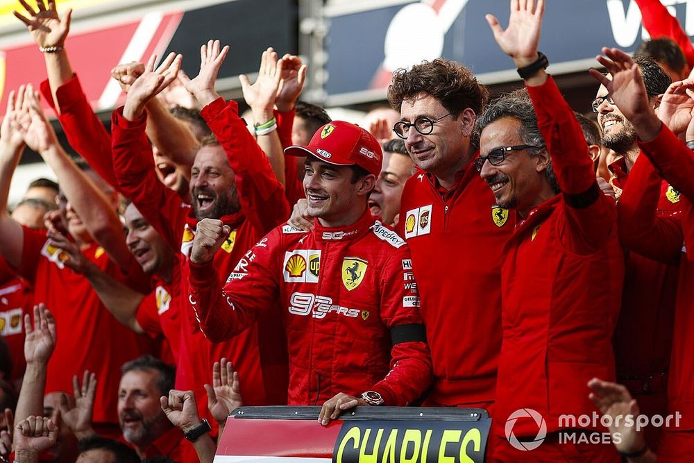 Charles Leclerc, Ferrari, celebrates victory with Mattia Binotto, Team Principal Ferrari, Laurent Mekies, Sporting Director, Ferrari and other colleagues