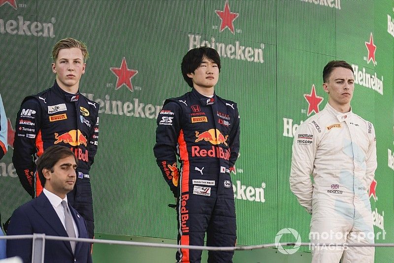 Yuki Tsunoda, Jenzer Motorsport, Jake Hughes, HWA RACELAB and Liam Lawson, MP Motorsport on the podium