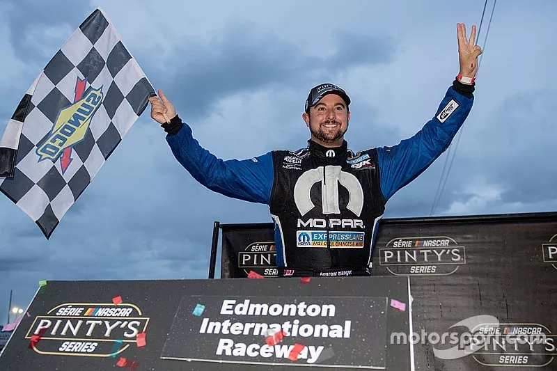 Andrew Ranger celebrates winning the Luxxur 300 at Edmonton International Raceway for his third win of the season and second thisweek on the western swing for the NASCAR Pinty's Series