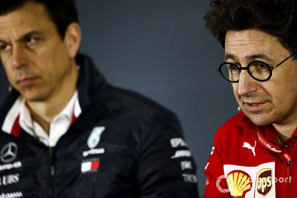 Toto Wolff, Executive Director (Business), Mercedes AMG, and Mattia Binotto, Team Principal Ferrari, in the Friday Press Conference