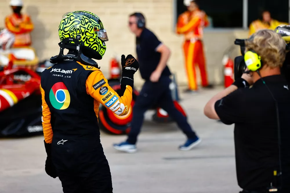 Pole man Lando Norris, McLaren F1 Team, celebrates in Parc Ferme