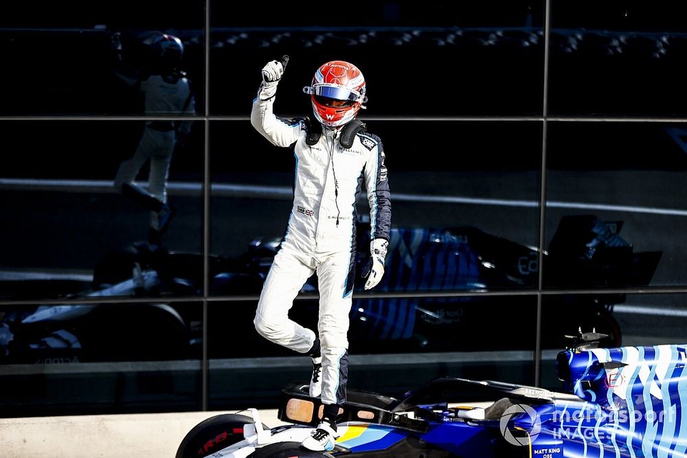 George Russell, Williams, waves to fans from Parc Ferme after Qualifying