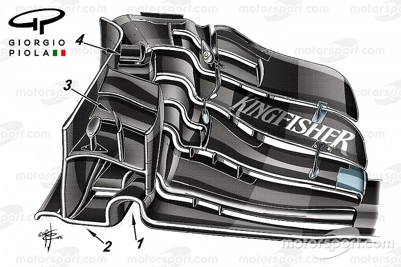 Force India VJM09 front wing, Barcelona, rendered and captioned