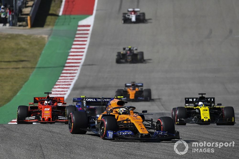 Lando Norris, McLaren MCL34, leads Sebastian Vettel, Ferrari SF90, Daniel Ricciardo, Renault F1 Team R.S.19, Carlos Sainz Jr., McLaren MCL34, and Kevin Magnussen, Haas F1 Team VF-19