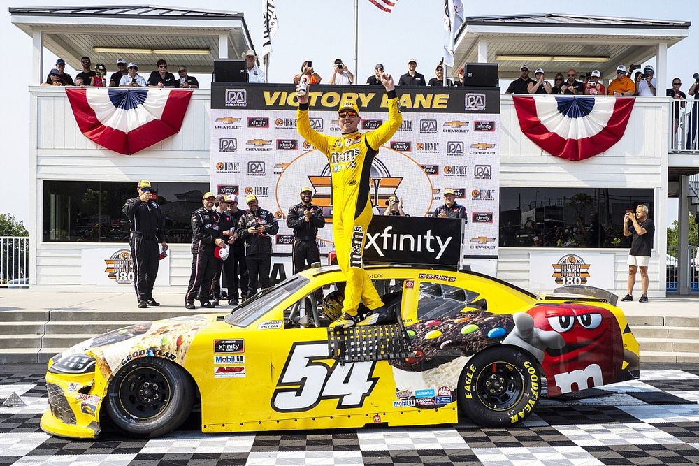 Race winner Kyle Busch, Joe Gibbs Racing, Toyota Supra M&M's Ice Cream