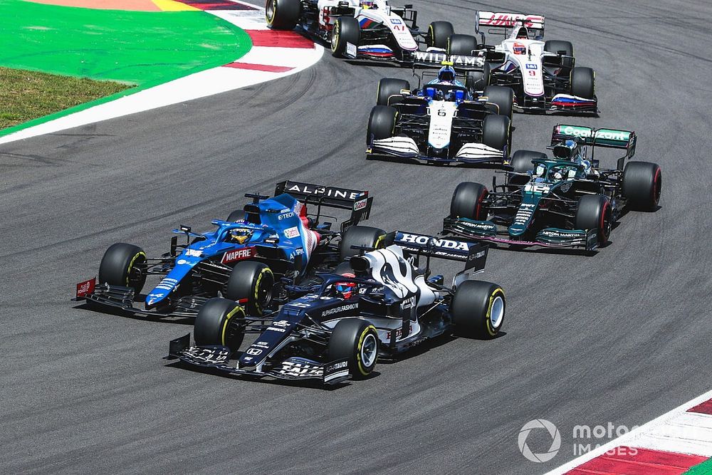 Yuki Tsunoda, AlphaTauri AT02, Fernando Alonso, Alpine A521, Lance Stroll, Aston Martin AMR21, Nicholas Latifi, Williams FW43B, Nikita Mazepin, Haas VF-21, and Mick Schumacher, Haas VF-21