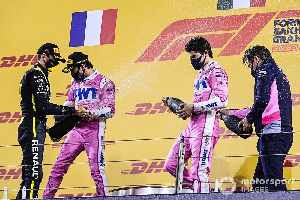 Esteban Ocon, Renault F1, 2nd position, Sergio Perez, Racing Point, 1st position, Lance Stroll, Racing Point, 3rd position, and Andy Stevenson, Sporting Director, Racing Point, on the podium