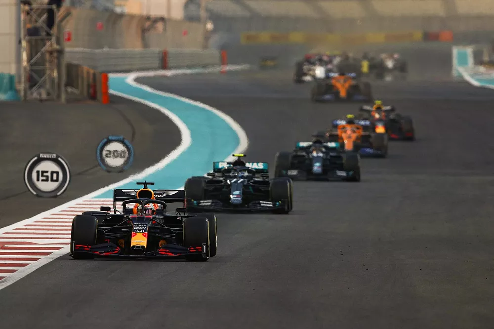 Max Verstappen, Red Bull Racing RB16, Valtteri Bottas, Mercedes F1 W11, Lewis Hamilton, Mercedes F1 W11, and Lando Norris, McLaren MCL35