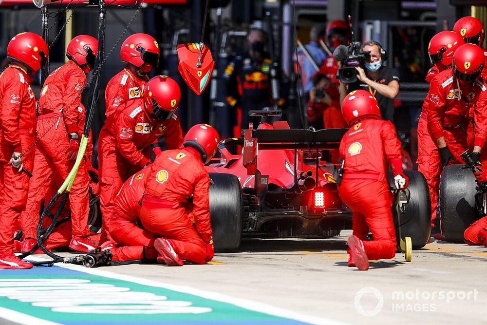 Sebastian Vettel, Ferrari SF1000, makes a pit stop