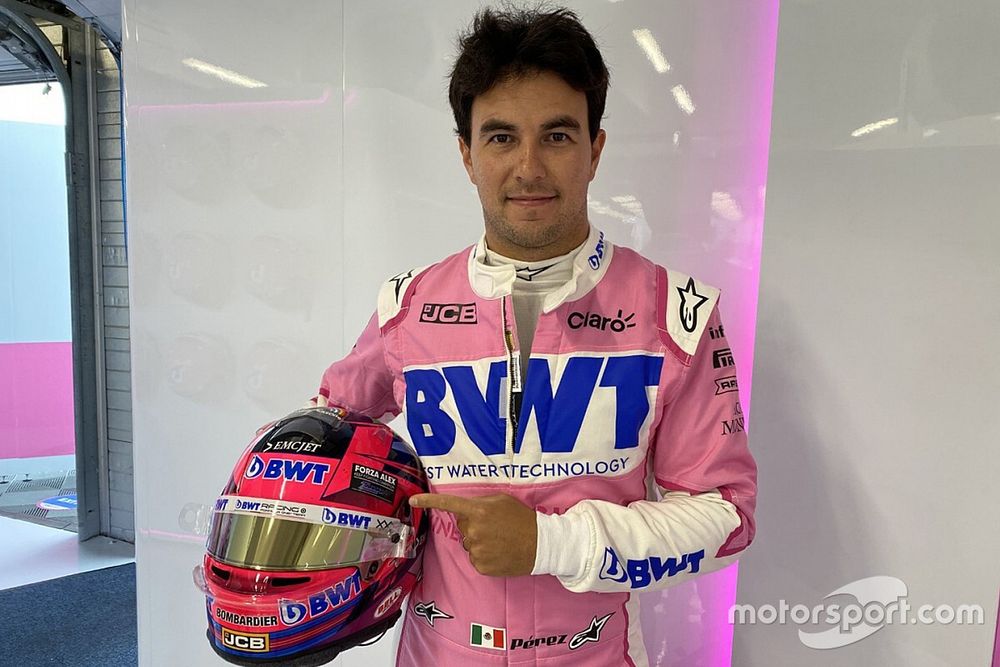 The helmet of Sergio Perez, Racing Point with a  tribute to Alex Zanardi