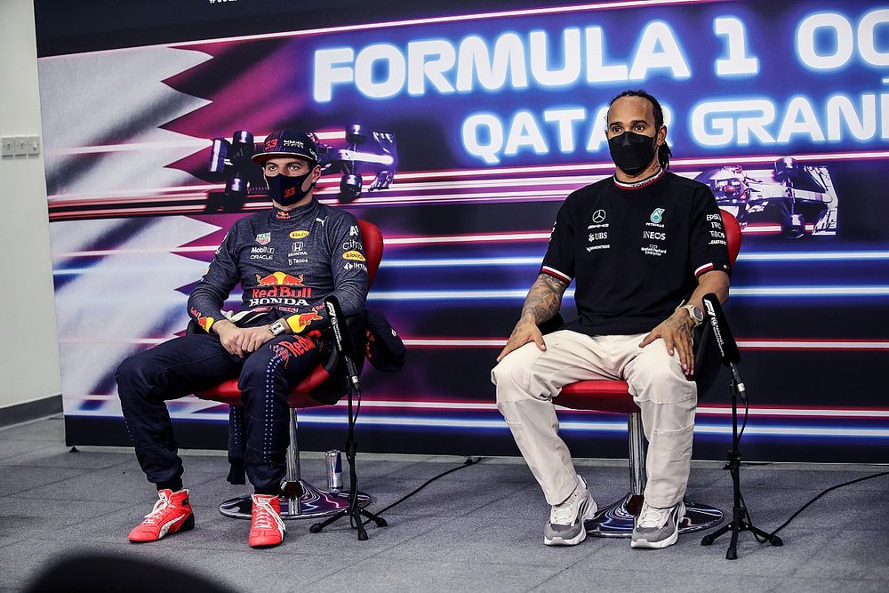 Max Verstappen, Red Bull Racing, and Lewis Hamilton, Mercedes, in the post Qualifying Press Conference