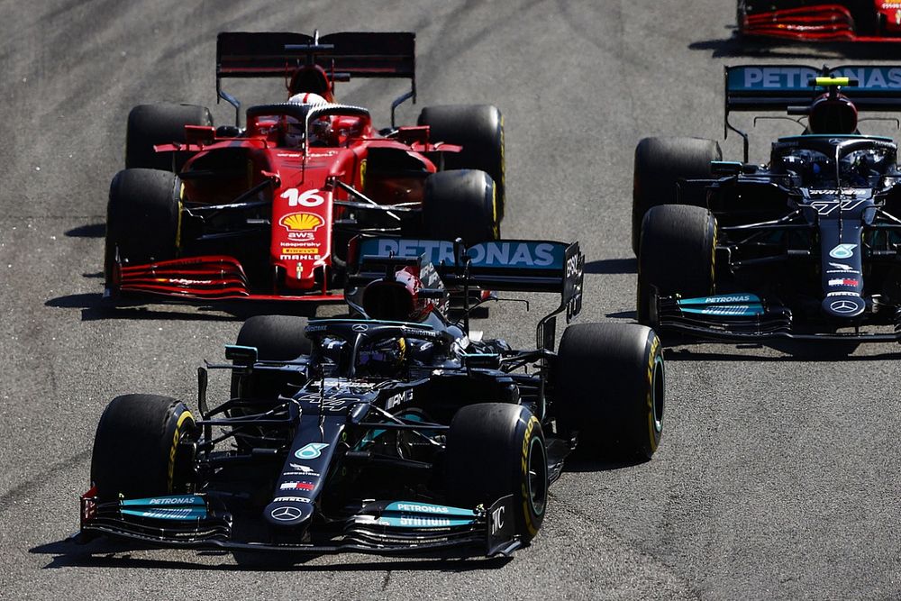 Lewis Hamilton, Mercedes W12, Valtteri Bottas, Mercedes W12, Charles Leclerc, Ferrari SF21, and Carlos Sainz Jr., Ferrari SF21