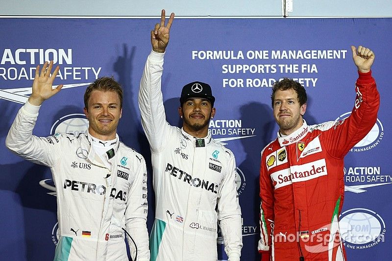 Polesitter Lewis Hamilton, Mercedes AMG F1 Team, second place Nico Rosberg, Mercedes AMG F1 Team, third place Sebastian Vettel, Ferrari