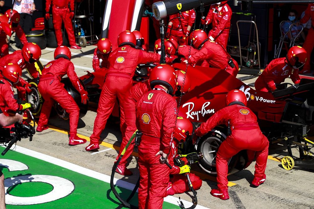 Charles Leclerc, Ferrari SF21, makes a pit stop