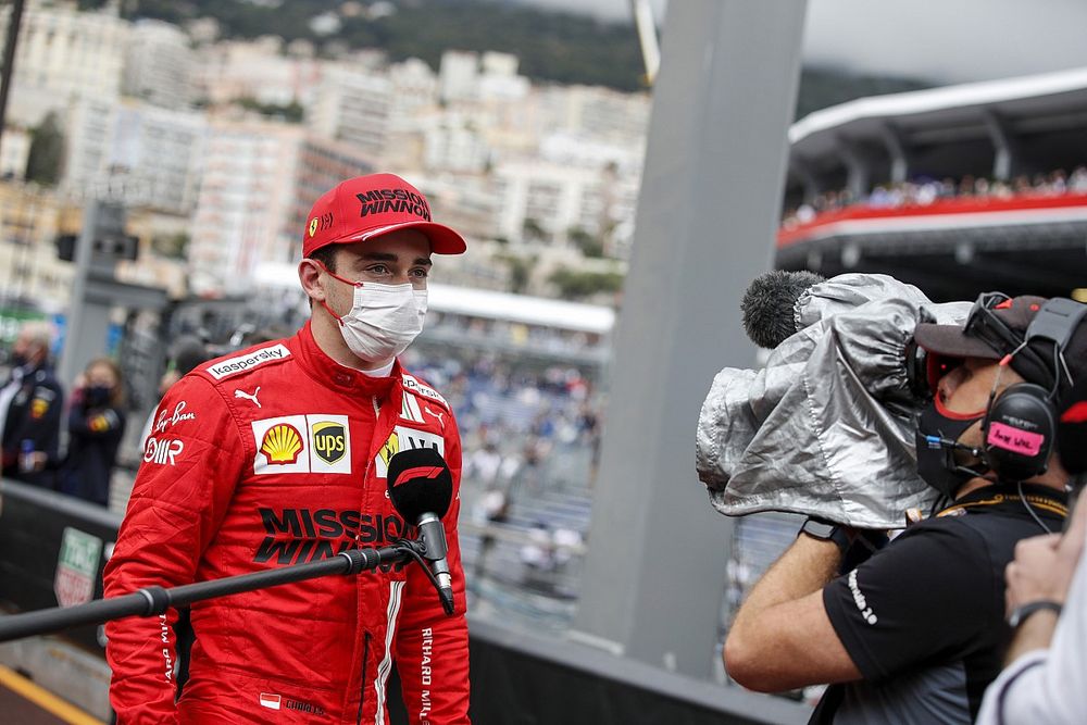 Pole man Charles Leclerc, Ferrari, is interviewed after Qualifying