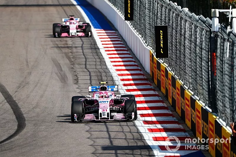 Esteban Ocon, Racing Point Force India VJM11, leads Sergio Perez, Racing Point Force India VJM11