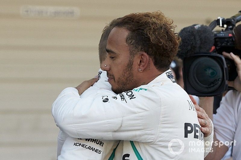 Lewis Hamilton, Mercedes AMG F1, celebrates his win with his team mate Valtteri Bottas, Mercedes AMG F1 