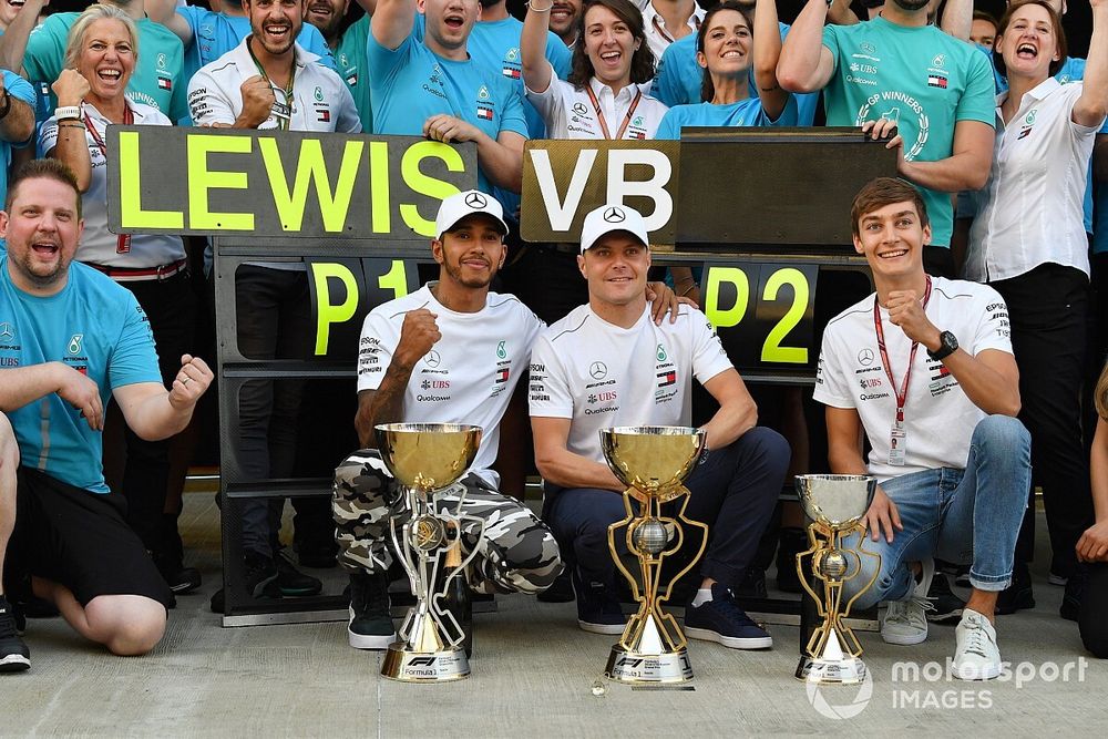 Yarış galibi Lewis Hamilton, Mercedes AMG F1 ve Valtteri Bottas, Mercedes AMG F1 ve George Russell, Mercedes AMG F1