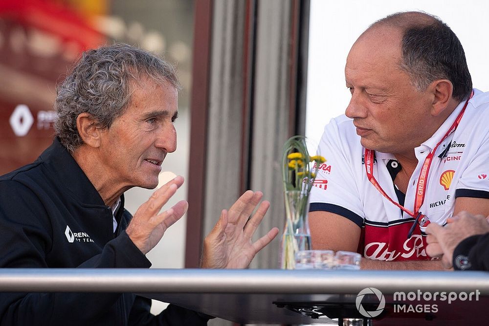 Alain Prost, Renault F1 Team, and Frederic Vasseur, Team Principal, Alfa Romeo Racing 