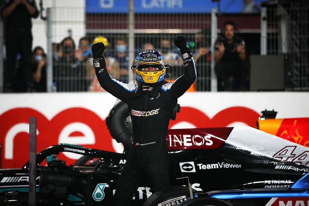 Fernando Alonso, Alpine F1, 3rd position, celebrates in Parc Ferme