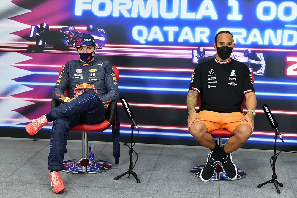 Max Verstappen, Red Bull Racing, 2nd position, and Lewis Hamilton, Mercedes, 1st position, in the Press Conference