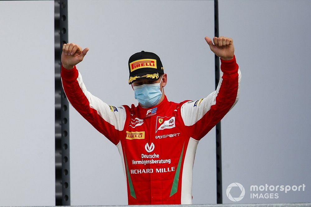 Mick Schumacher, Prema Racing celebrates on the podium