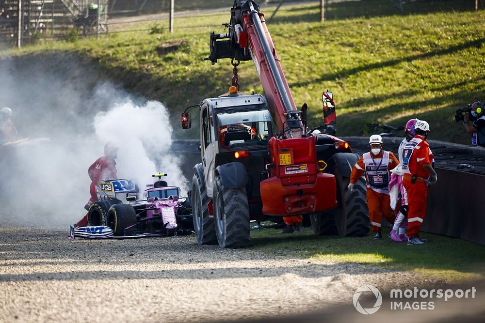 Lance Stroll, Racing Point RP20 walking away from a crash