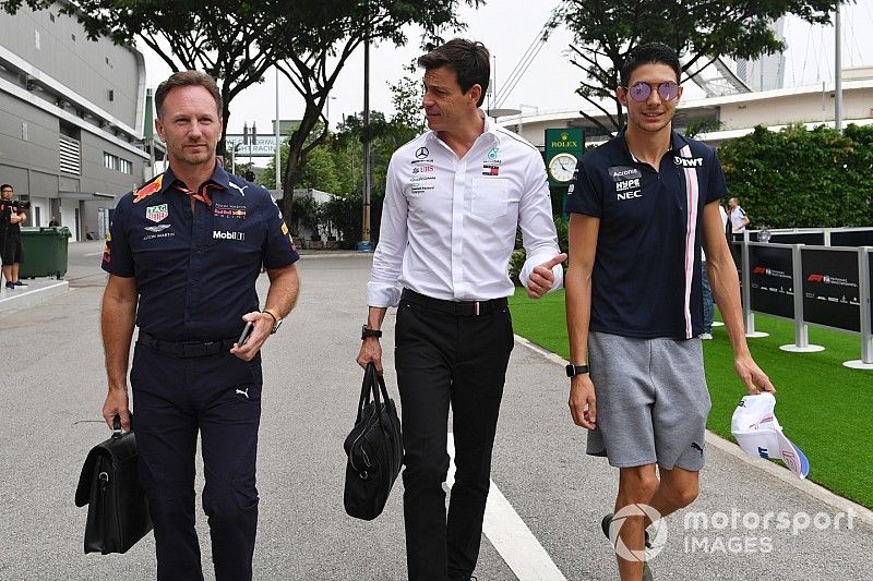 Christian Horner, Red Bull Racing Team Principal, Toto Wolff, Mercedes AMG F1 Director y Esteban Ocon, Racing Point Force India F1 Team 