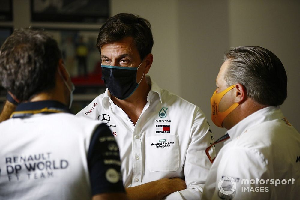 Toto Wolff, Executive Director (Business), Mercedes AMG, Zak Brown, Executive Director, McLaren and Cyril Abiteboul, Managing Director, Renault F1 Team 