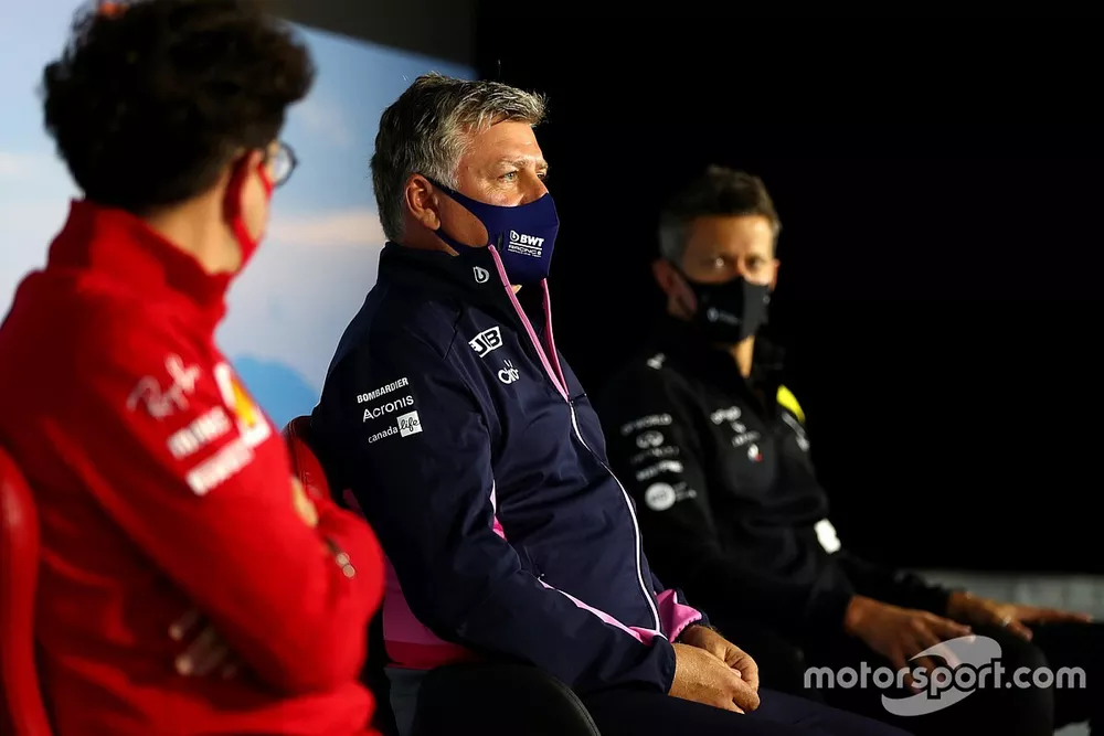 Mattia Binotto, Team Principal Ferrari, Otmar Szafnauer, Team Principal and CEO, Racing Point, and Marcin Budkowski, Executive Director, Renault F1 Team, in the Team Principals Press Conference