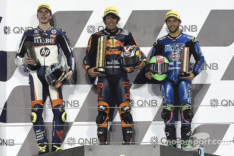 Podio: il vincitore Tetsuta Nagashima, Red Bull KTM Ajo, secondo posto Lorenzo Baldassarri, Pons HP40, terzo posto Enea Bastianini, Italtrans Racing Team


