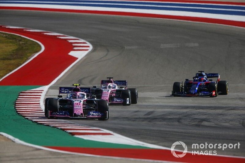 Lance Stroll, Racing Point RP19, Sergio Pérez, Racing Point RP19, and Daniil Kvyat, Toro Rosso STR14