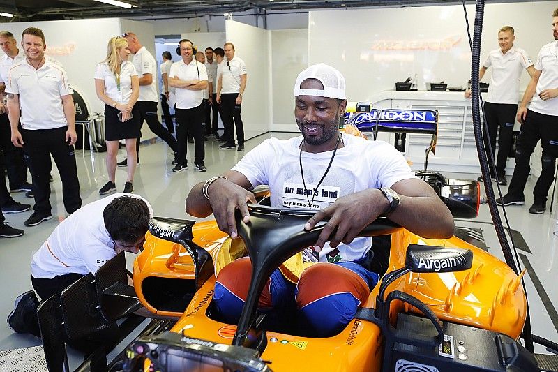 Spaniard Serge Ibaka Congolause of the NBAs Toronto Raptors tries the seat in the car of Fernando Al