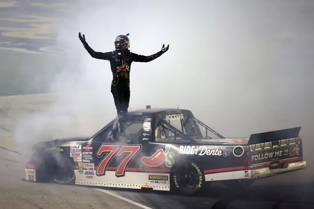 Carson Hocevar wins, No. 77 Spire Motorsports Chevrolet