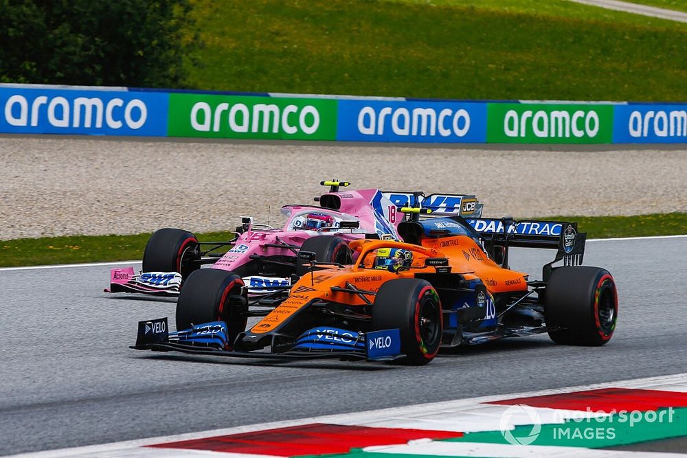 Lando Norris, McLaren MCL35, leads Lance Stroll, Racing Point RP20