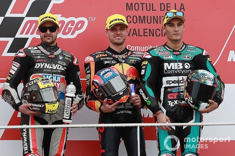 Podium : le vainqueur Brad Binder, KTM Ajo, le deuxième Thomas Luthi, Intact GP, le troisième Jorge Navarro, Speed Up Racing
