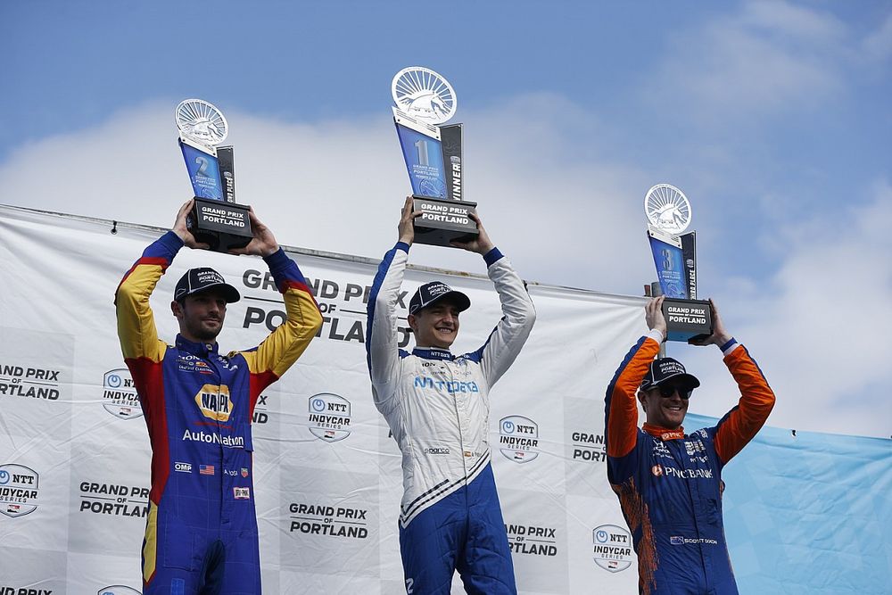 Alex Palou, Chip Ganassi Racing Honda, Alexander Rossi, Andretti Autosport Honda, Scott Dixon, Chip Ganassi Racing Honda, podium