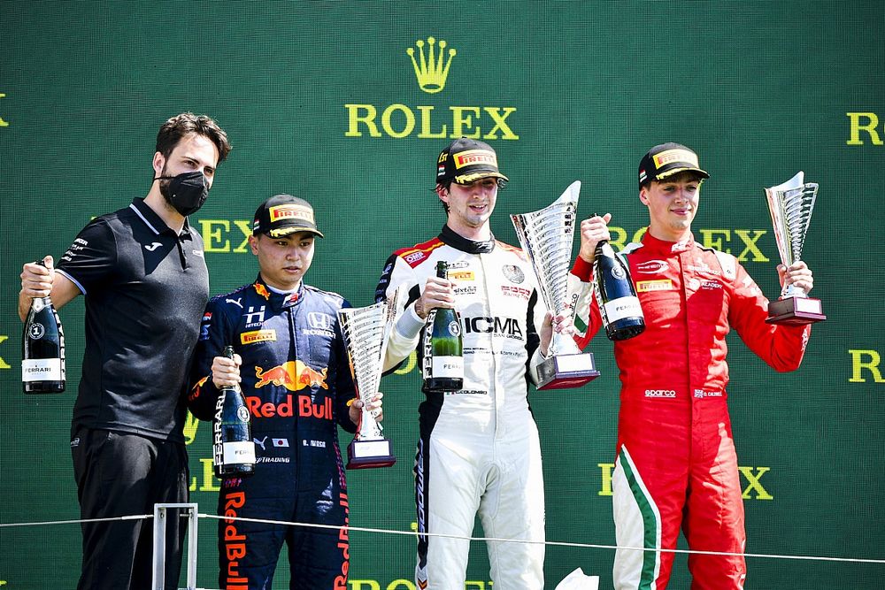 Ayumu Iwasa, Hitech Grand Prix , Lorenzo Colombo, Campos Racing and Olli Caldwell, Prema Racing celebrate on the podium