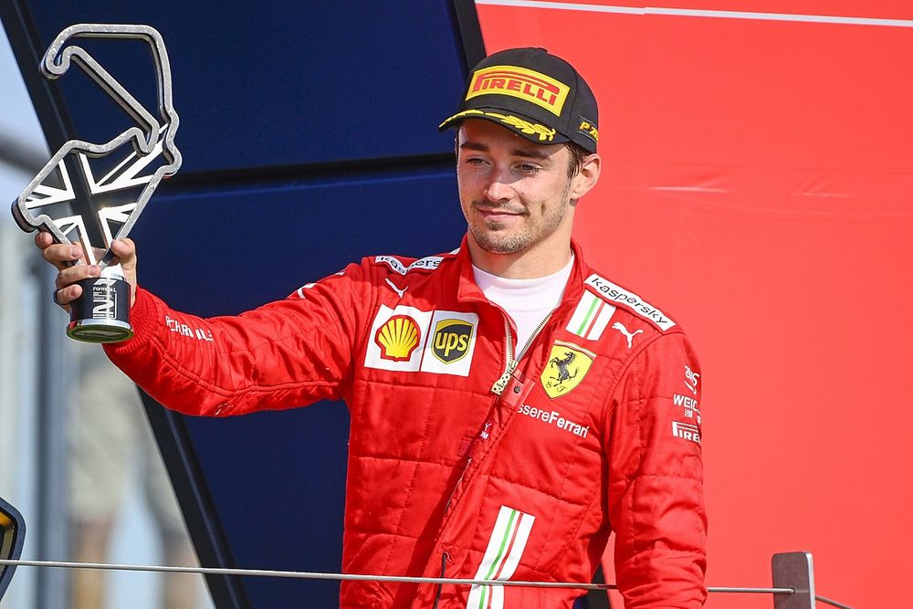 Charles Leclerc, Ferrari, 2nd position, with his trophy