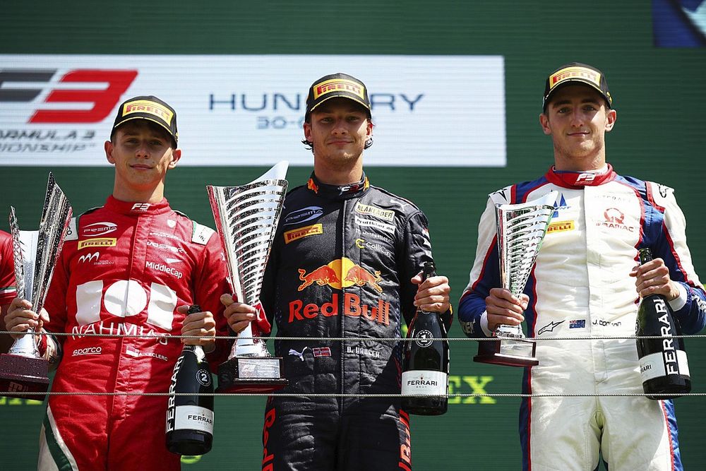 Podium: Race winner Dennis Hauger, Prema Racing, second place Arthur Leclerc, Prema Racing, third place Jack Doohan, Trident