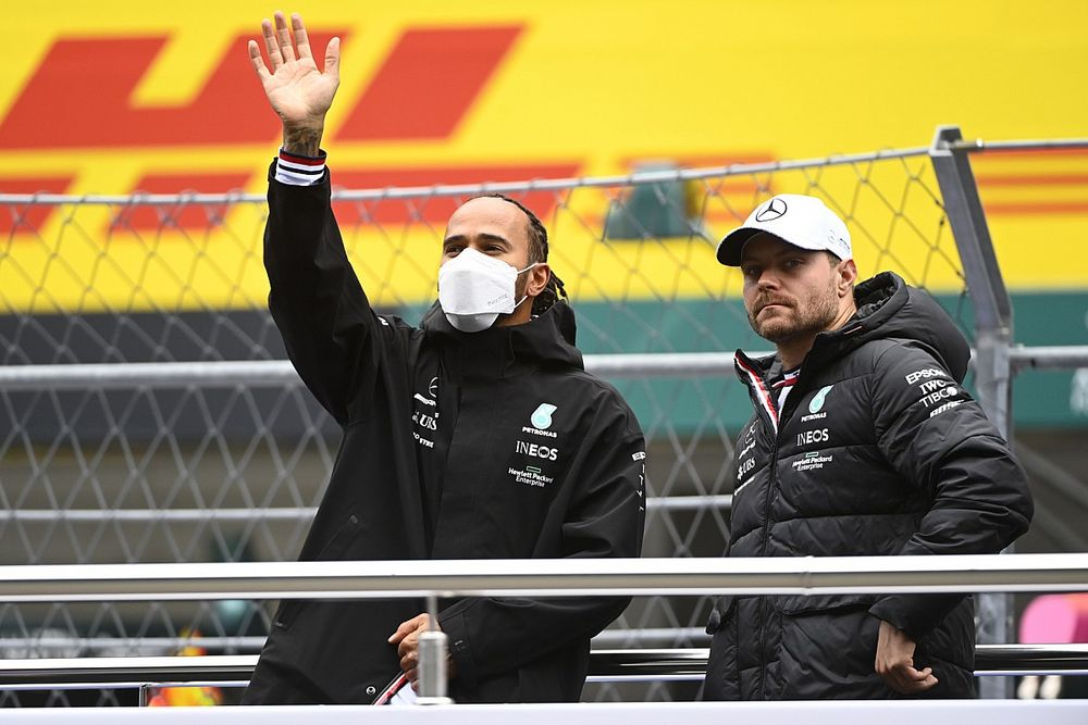 Lewis Hamilton, Mercedes, and Valtteri Bottas, Mercedes, in the drivers parade