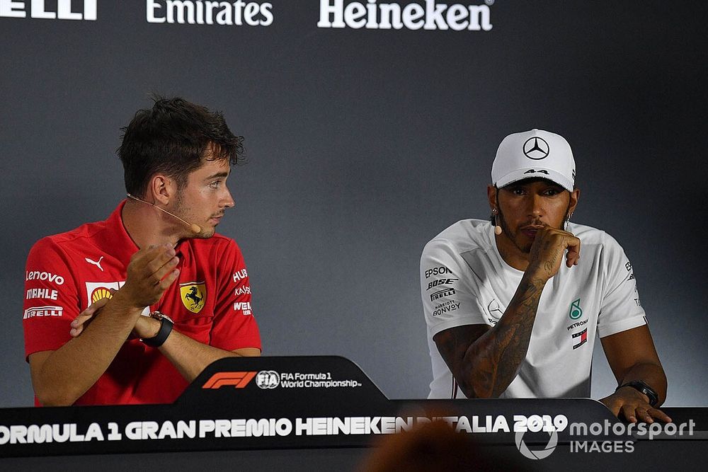 Charles Leclerc, Ferrari, 1st position, and Lewis Hamilton, Mercedes AMG F1, 3rd position, in the Press Conference