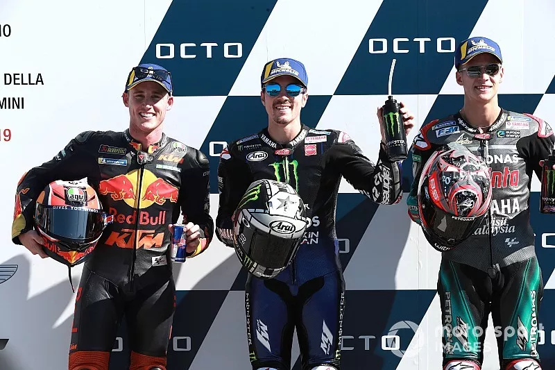 Pole sitter Maverick Vinales, Yamaha Factory Racing, second place Pol Espargaro, Red Bull KTM Factory Racing, Third place Fabio Quartararo, Petronas Yamaha SRT
