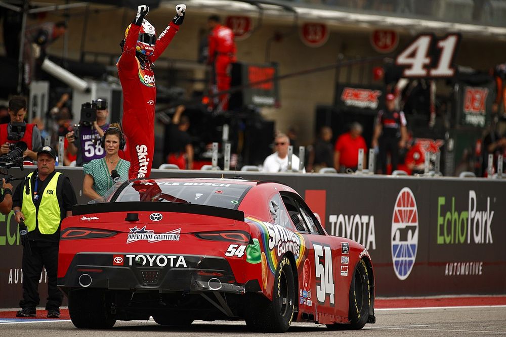 Race winner Kyle Busch, Joe Gibbs Racing, Toyota Supra Skittles Gummies