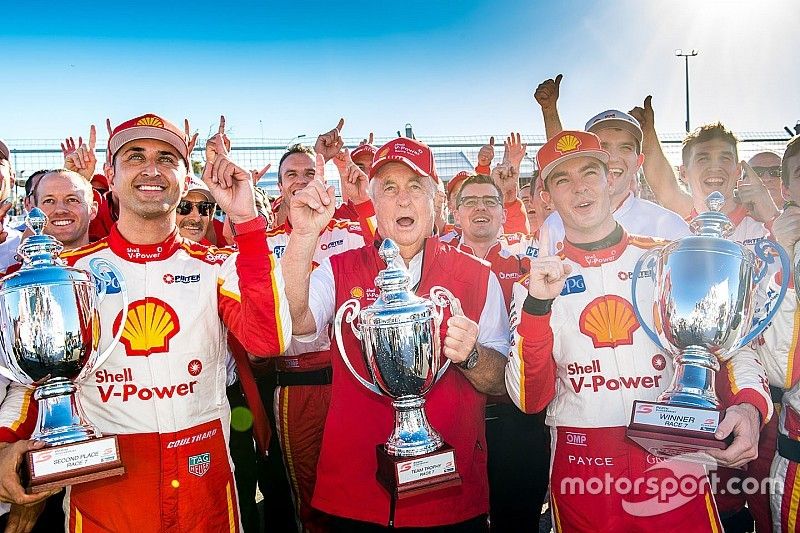 Race winner Scott McLaughlin, Team Penske Ford, second place  Fabian Coulthard, Team Penske Ford, Roger Penske team owner of DJR Team Penske