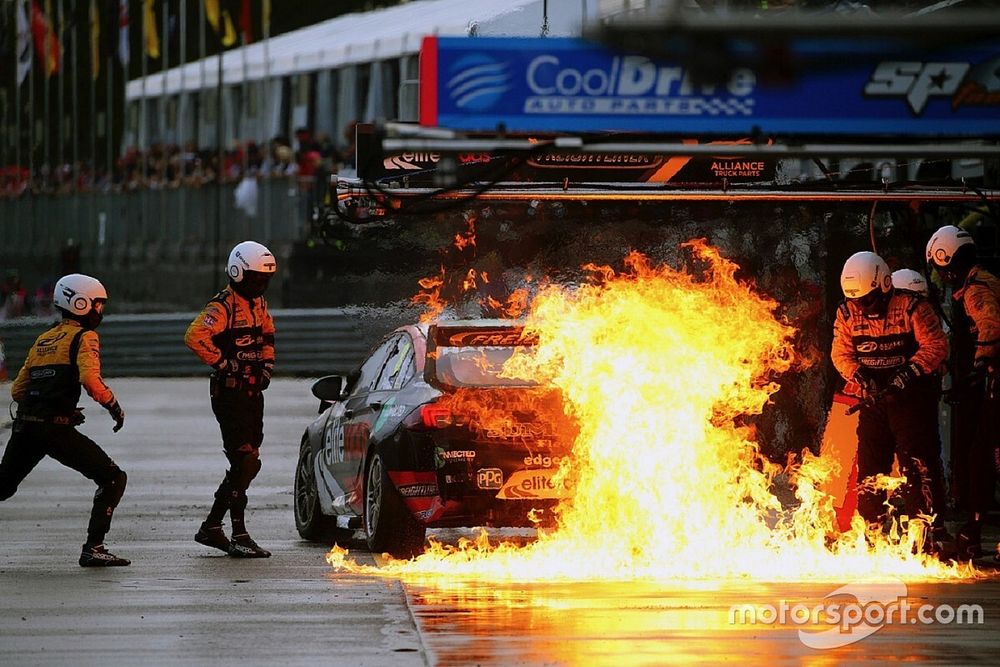 The car of Nick Percat, Brad Jones Racing catches fires