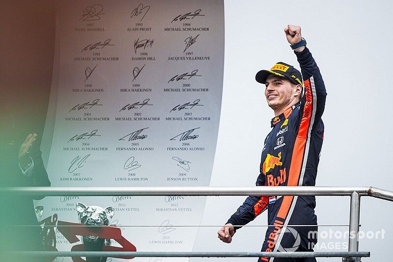 Race winner Max Verstappen, Red Bull Racing celebrates on the podium 