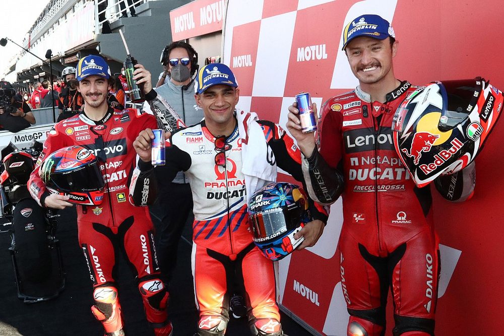 Polesitter Jorge Martin, Pramac Racing, second place Francesco Bagnaia, Ducati Team, third place Jack Miller, Ducati Team